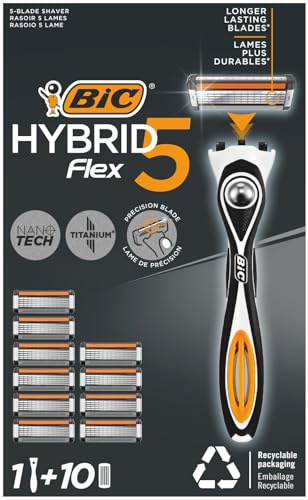 BIC Hybrid 5 Flex Rasierer Herren, Nassrasierer mit 10 Wechselklingen mit je 5 Klingen, mit Aloe Vera & Vitamin E, mit Präzisionstrimmer
