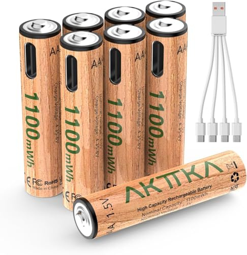 AKTTKA 8er Pack Akku AAA Lithium Wiederaufladbar, 1100 mWh, 1,5 V Konstantspannung, mit 1-auf-4 USB-C-Ladekabel (5V/2A), für Fernbedienungen, Thermometer, Waagen
