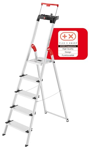 Hailo L85 ComfortLine Alu-Sicherheits-Stehleiter | 5 XXL-Stufen belastbar bis 150 kg | Tiefe Standfläche & Haltegriff |Stehleiter mit Ablage | Aluleiter Made in Germany | Leiter rostfrei | Silber