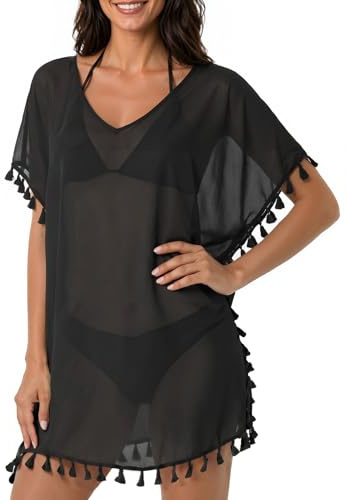 Chalier Strandkleid Damen Strandponcho Strandtunika Bikini Cover Up Sommer | Bikini Cover Up Sommer Strandbluse Strandhemd V-Ausschnitt Bademode Strand Vertuschen Shirt