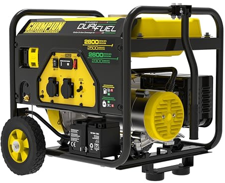Champion Power Equipment Stromaggregat Benzin + Gas (2800 Watt, tragbarer Dual Fuel Stromerzeuger, Generator mit integriertem Griff + Radsatz, 68 dB(A)) CPG3500E2-DF-EU
