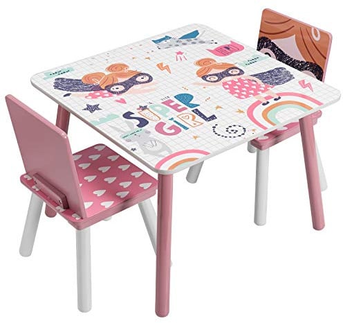 EUGAD Kindersitzgruppe Kindertisch mit 2 Kinderstühlen, Rosa | 3tlg. Kindermöbel Sitzgarnitur für Kinder aus MDF