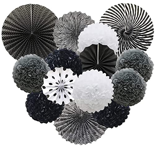 Gute Papier Pompons & Fächer Set, Party Deko, Schwarz-Weiß Thema, Festival | Seidenpapier Pompons + Papierfächer, Schwarz-Weiß-Design, für Geburtstage, Hochzeiten & Festivals, einfach aufzuhängen