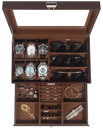 Uhren- und Sonnenbrillenbox mit Glasdeckel – Schmuckkasten für Herren, 6 Fächer, 2 Ebenen, Uhrenetui mit Schloss, Aufbewahrungsbox & Display – Geschenk für Männer und Frauen