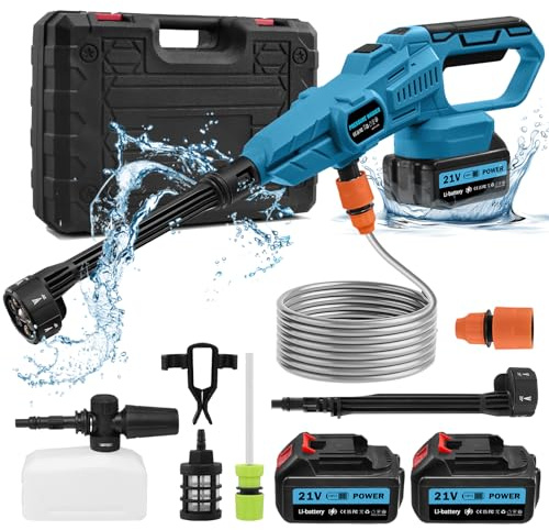 Akku Hochdruckreiniger, 120 Bar Mobiler Hochdruck Wasserpistole mit 2 Akku, 6-in-1-Multifunktionsdüse,180° Drehbare Düse, 3 Einstellstufen, 5M Schlauch, Filterkessel, für Autos,Terrasse,Fenster