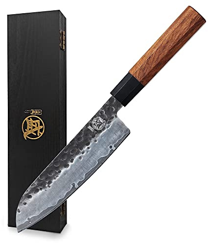MITSUMOTO SAKARI Handgeschmiedetes Küchenmesser, Hochkohlenstoffstahl Scharfe Kochmesser, 19 cm Santoku Japanisches Kochmesser (Rosenholzgriff und Boutique Holzkiste)