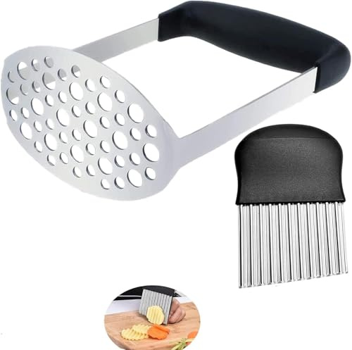 Kartoffelstampfer, integrierter aus Edelstahl, Küchenwerkzeug und Lebensmittelstampfer/Kartoffelstampfer mit Wellenschneider, perfekt für Bohnen, Gemüse, Obst, Avocado, Fleisch