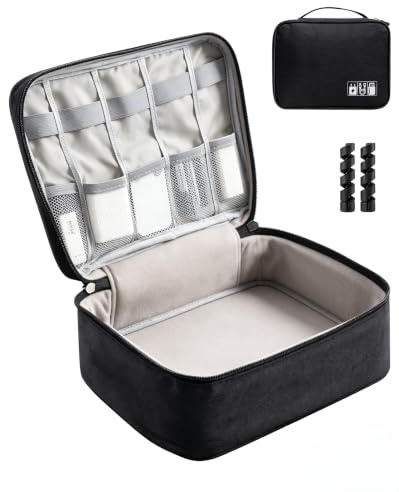 OrgaWise Elektronik-Kabeltasche, 2-lagiger Reise-Kabelorganizer, Schwarz | Entnehmbare gepolsterte Trennwände, 2 Kabelschützer, Wasserabweisend, Für Kamera, Handy, Kabel & Tablet, Geschenk für Männer