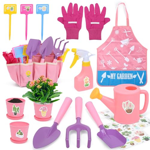 CUTE STONE Kinder Gartengeräte Set, Gartenwerkzeug Kinder Mit Schaufel, Harke, Gießkanne, Gartentasche, Handschuhe, Schürze, DIY-Aufkleber, Out/Indoor Spielzeug Geschenk für Jungen Mädchen(Rose)