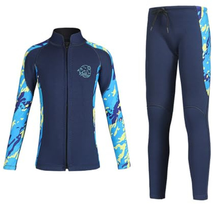 Geteilter Neoprenanzug Kinder - 2.5mm Lang Jungen Mädchen Frontreißverschluss Tauchanzug 2-Teiliges Set Neoprenanzug Jacke Top & Neoprenhosen zum Schwimmen, Tauchen, Schnorcheln, Surfen XS