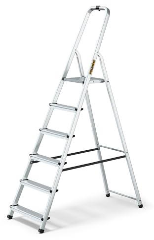 DRABEST Trittleiter Klappbar Alu Leiter 6 Stufen Stehleiter Haushaltsleiter Belastbar bis 125 kg Mehrzweckleiter kostenloser Haken