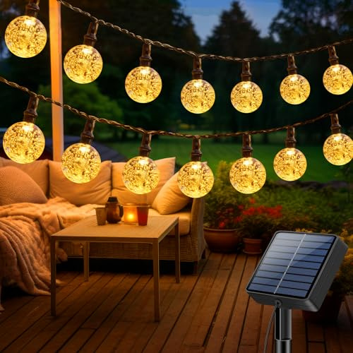 litogo Solar Lichterkette Aussen Warmweiß, 15M 8 Modi LED Lichterketten | IP65 Wasserdicht Kristall Kugeln Solarlichterkette mit Memory-Funktion, Outdoor Lichterketten für Balkon, Garten, Partys