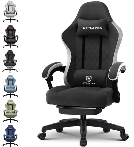 GTPLAYER Gaming Stuhl Ergonomischer Gaming Sessel Schreibtischstuhl mit Stoffoberfläche, Federsitzkissen, Verbindungsarmlehnen und Fußstütze 150KG, hellschwarz