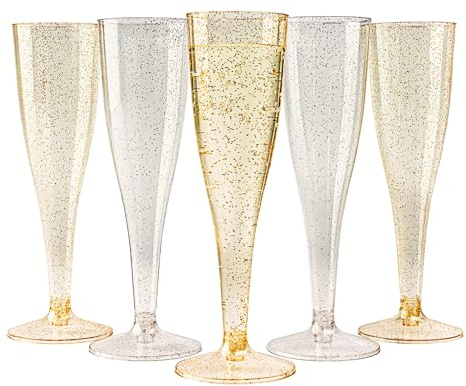 MATANA 120 Premium Sektgläser Plastik mit Silber & Goldglitter, 133ml - Sektgläser Kunststoff, Sektflöten, Champagner Gläser, Cocktailgläser, Weingläser für Hochzeiten, Partys - Stabil & Mehrweg