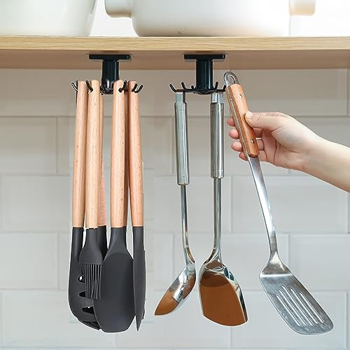 Nmgkokew 2 Stücke 360° drehbarer Küchenutensilienhaken,kein Bohren Hakenleiste für Küchenutensilien mit 6 Haken, Küchenutensilienhalter,für Küchenutensilien küchen organizer hängend