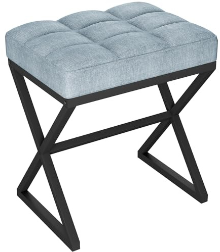YMYNY Schminkhocker,Fußhocker, Leinen Sitzhocker, Make-up Dressing Hocker mit X-förmigen Metallbeinen, für Eitelkeit, Wohnzimmer, Schlafzimmer, Eingang, Flure 40×30×46CM Blau Grau HBD033L