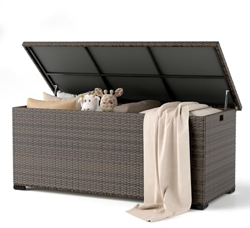 Amopatio Gartenbox Auflagenbox wasserdicht 650 Liter, Kissenbox outdoor aus Polyrattan, Aufbewahrungsbox Metall mit Gasdruckfedern, Gartenkiste wetterfest für Garten, Balkon, Braun