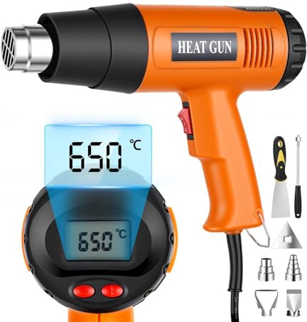 Tixexo Heißluftpistole 2000W Temperaturstufen 50℃- 650℃, 2 Einstellbare Heißluftfön mit LCD-Digitalanzeige, Überlastschutz, Heißluftgebläse zum Entlacken, Löten und Schrumpfen mit 6 Zubehör