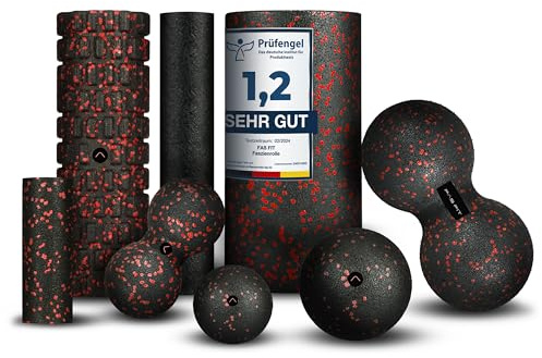 Fas Fit Faszienrolle Faszienball Selbst-Massage Set rot 8teilig – Faszien-Training für Rücken, Wirbelsäule, Pilates – inkl. Poster, Übungsheft, E-Book, Turnbeutel – Nackenrolle Massageball Duoball
