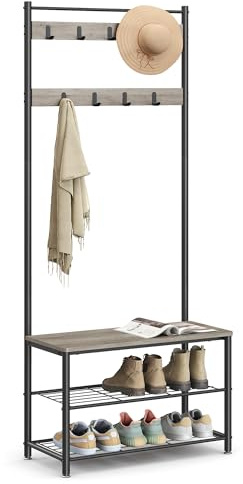 VASAGLE Garderobenständer, Kleiderständer mit Schuhablagen, Schuhregal mit Sitzfläche, für Flur, mit Haken, 3 Ablagen, aus Metall, Höhe 177 cm, Industrie-Design, Greige-schwarz HSR41MB