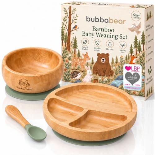 Bubba Bear™ Baby Set mit Saugnapf-Schüssel, Standfeste Saug-Fütter-Teller und Löffel für Babys & Kleinkinder | kostenloses E-Book: der Bubba Bear Weaning | aus natürlichem bamboo Grün