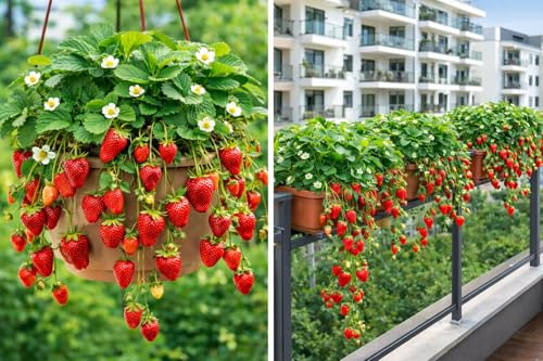 Set 10 STÜCK Hängeerdbeere Klettererdbeere Erdbeerpflanzen ERDBEEREN Pflanzen Setzlinge Super Lecker! Winterhart Mehrjährig