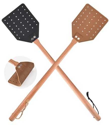 2 Stück Fliegenklatsche Leder, Fliegenklatsche Stabil mit Holzstiel, Insektenvernichter für Indoor Outdoor, Fliegentöter, Mückenklatsche, Mückenvernichter