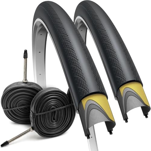 Fincci Rennradreifen 700x28c – 2er Set Slick- Faltreifen 28 Zoll mit 1 mm Nylon-Pannenschutz & 2x 28-622 Presta-Schläuchen, Fahrradmantel 28" 60 TPI für Rennrad, Carrera, Ebike, Straße & Tourenrad