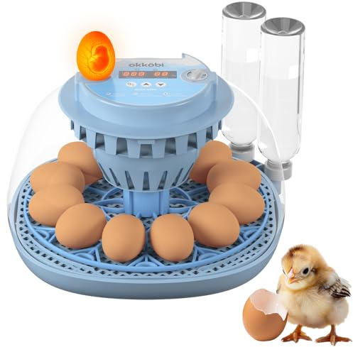 Okköbi 12 Eier Brutautomat Vollautomatisch – Inkubator für Eier mit automatischem Drehen, Feuchtigkeitskontrolle, Eierprüfer, Wasserflaschen, Belüftung, 360° Sicht