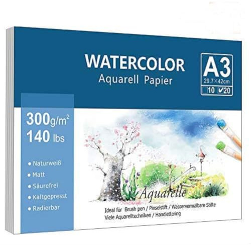 Premium Aquarellpapier (A3, 300 g/m², 20 Einzelne Blätter), Aquarellblock Glatt Watercolor Paper, Strukturiert & Matt Aquarell Papier für Aquarellmalerei Wasserfarben Gouache Acryl & Aquarelltechniken