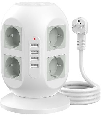 COLSTAR Steckdosenturm 8-Fach mit 4 USB Anschlüssen - Mehrfachsteckdose Vertikal mit Überspannungsschutz & 2 Schaltern - 2500W/10A Kabellose Steckdosenleiste für Büro & Zuhause - 2m Kabel