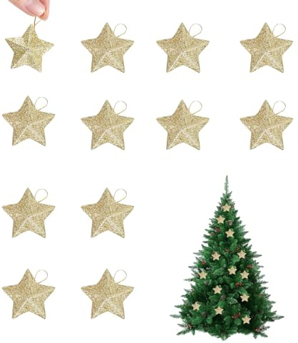 12 Stück Weihnachtsbaum Stern Deko Weihnachtsbaum Deko Weihnachtsstern Christbaumschmuck Weihnachtsschmuck Baum Weihnachtssterne Baumschmuck Weihnachten Weihnachtsdeko Baum Stern Anhänger (Gold)