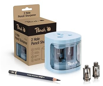 Peach elektrischer universal Anspitzer blau - inkl. Ersatzteile - für alle Bleistifte, Buntstifte, Eyeliner und Wachsmalstifte - Doppelspitzer für Stifte von 6-8 mm und 9-12 mm - PO102