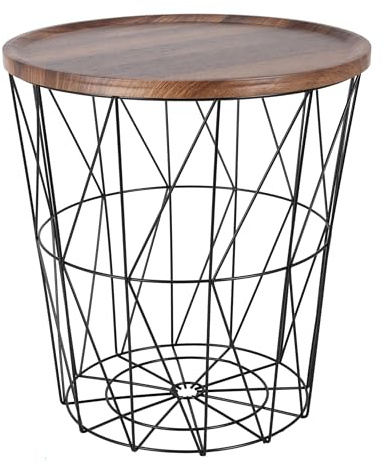 Spetebo Gitterkorb Beistelltisch aus Metall 39 cm - Schwarz - Korbtisch mit Holz Optik Tischplatte in braun - Deko Tisch klein mit Aufbewahrungskorb Couchtisch Kaffeetisch Dekotisch mit Staufach