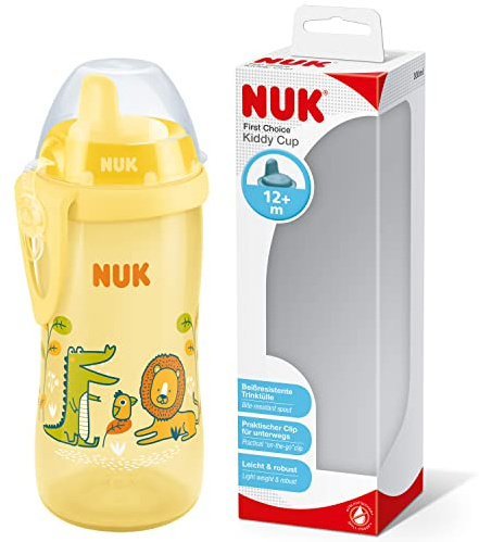 NUK Kiddy Cup Kleinkindbecher | 12+ Monate | 300 ml | Auslaufsicheres, verstärktes Trinkventil | Clip & Schutzkappe | Gelb