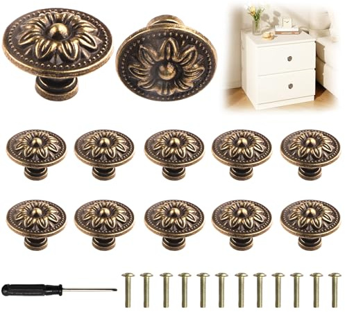 YnewL 12 Stück Möbelgriffe Vintage, 30mm Runde Möbelknöpfe mit Schrauben Schraubendreher, Blumenmuster Schrankknöpfe-Wird für Schränke, Kleiderschränke, Möbel und Hardware-Griffe Verwendet(Bronze