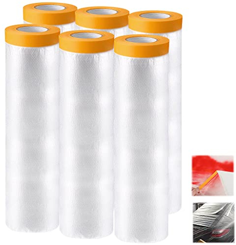 Tongboke 6 Rollen maler abdeckfolie mit klebeband,abklebeband mit folie goldband, Perfekt für Außen zum renovieren malerfolie abdeckfolie mit klebeband rückstandslos entfernen (240cm×20m)