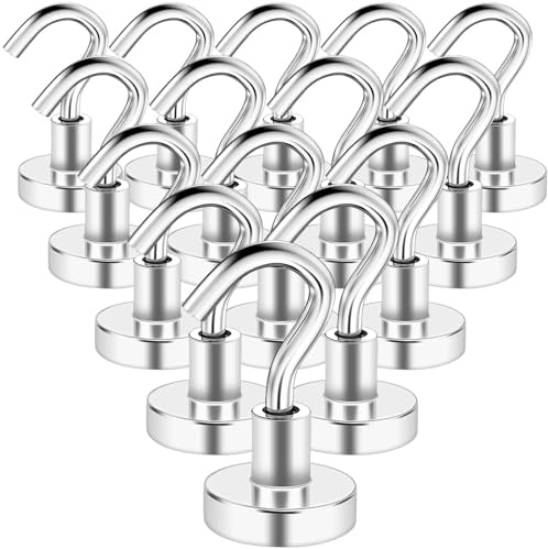 swihorab Magnethaken, 14 Stück Extra Stark Magnet Haken 10kg Super Starke Neodym Magnete mit Haken, 16mm Neodym MagneteHaken für Küche, kühlschränke, Klassenzimmer, Kreuzfahrt Magnethacken Silber