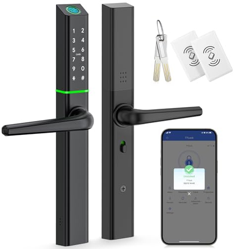 Ruveno Wetterfestes intelligentes Türschloss mit Griff: Fingerabdruck-schlüsselloser Zugang, digitales Code-Türschloss für Aluminium-Holztür, elektronischer Bluetooth-Riegel, App-Steuerung, schlankes