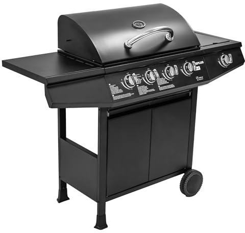 Amig - Gasgrill Fireplus 4+1 mit 9,3 kW | Schwarzer Edelstahl | Grillwagen Modell GRILL-4F | XXL-Grill mit Wagen und Thermometer | 126x52x103 cm | 5-Brenner und Seitenablage