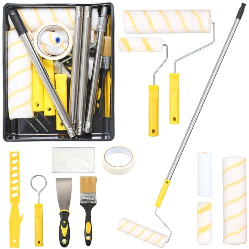 Gemsaya Farbroller Set mit Teleskopstange, 20-Teiliges Malerset mit 1.5m Teleskopstange, 23cm + 11cm Malerrolle, Pinsel, Schaber und Farbwanne, Farbroller Wandfarbe Malerrolle für Wand Decken