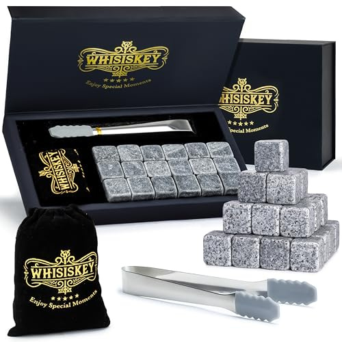 WHISISKEY Whisky Steine Set - 18 Whiskey Steine & Zange - Geschenke für Männer - Männergeschenke - Geburtstagsgeschenk Mann - Geschenkbox - Whisky Zubehör - Eiswürfel Wiederverwendbar