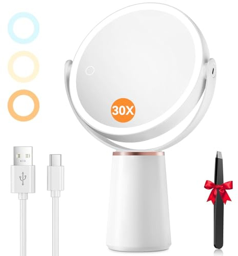 Auxmir Kosmetikspiegel mit Beleuchtung, Schminkspiegel 30X/1X Vergrößerung | Doppelseitig 360° Drehbar, 2000mAh Akku, 3 Lichtfarben, Touch Stufenlos Dimmbar, LED Spiegel für Präzise Makeup, Hautpflege
