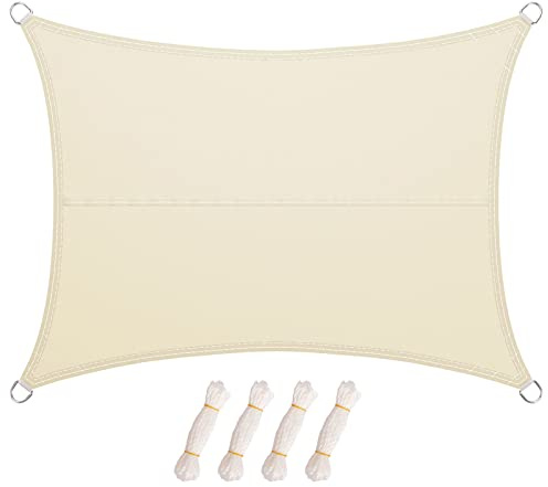 LARMNEE Sonnensegel Sonnenschutz inkl Befestigungsseilen, 4 x 6 m, PES, Rechteck, für Garten Balkon, Wetterschutz, Wasserabweisend, UV-Schutz, Reißfestigkeit, Outdoor, Beigeweiß EWH46SP02
