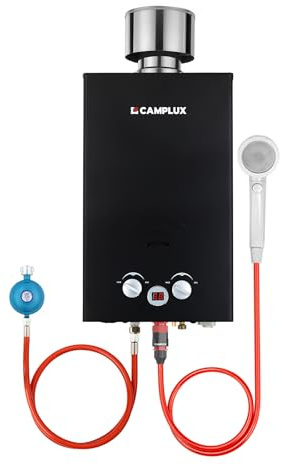 CAMPLUX Gasdurchlauferhitzer 10 L/min, LPG, 50mbar, mit Regendeckel | 20 kW, Propangas/Butangas, Gasdusche für Camping, Wohnmobilausflug, Waschpferd