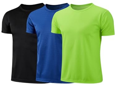 Fldy Kinder Jungen Sport T-Shirt 3er Set Schnelltrocknend Atmungsaktiv Sportshirt Kurzarm Teamsport Multisport Training Shirt Top Schwarz&Königsblau&Neongrün 140-146