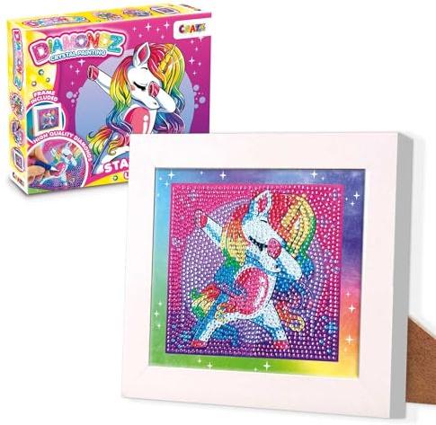 DIAMONDZ CRYSTAL PAINTING Starter Set Einhorn - Diamond Painting Mädchen | DIY Diamant Malerei Kinder Bastelset inkl. Rahmen, 15x15cm Schablone, 1500 Steine, Glitzer Diamond Art Kreativset