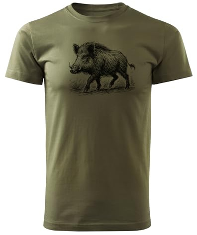 HUNT-G61 - T-Shirt für Jäger - Tshirt Herren - aus Baumwolle, Bequeme Passform - Jagd Geschenke, Geschenk für Jäger, Förster - Grün, mit Motiv Wildschwein - M