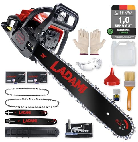 LADAMI Benzin Kettensäge 58CC Profi,2-Takt-Motorsäge,3,5PS Motorkettensäge mit 20 Zoll&16 Zoll Schwert,2 Ketten,Vibrationsdämpfung,Sicherheitsschalter,Benzin-Baumpflegesäge für Holzfällen,Gartenarbeit