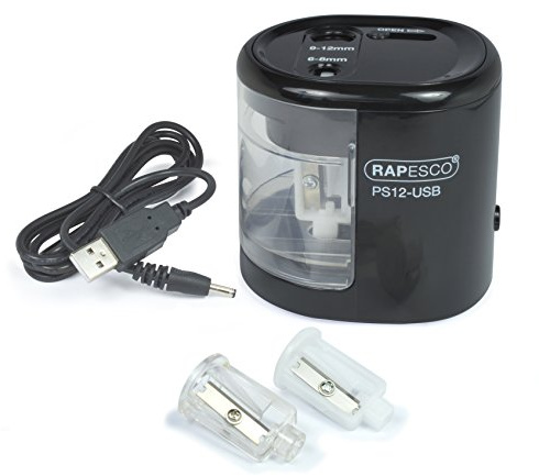 Rapesco 1449 PS12-USB Automatischer/Elektrischer Spitzmaschine, Ladung durch Batterie (nicht enthalten) oder USB, Schwarz